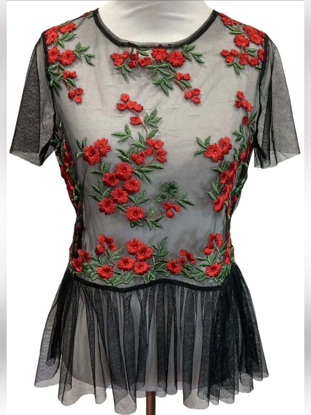 Twinkle by Wenlan Black Sheer Mesh Top with Red Floral Embroidery
